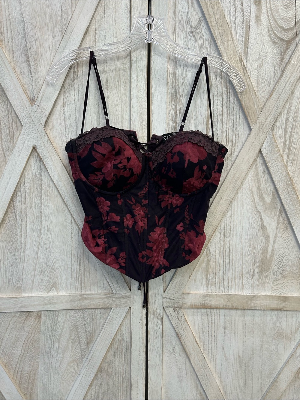 Windsor Black Bustier with Burgundy Floral Print